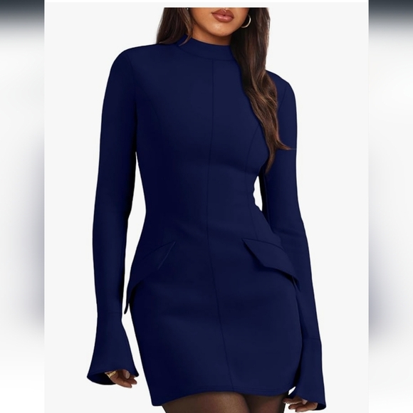 Navy Blue Women's Long Sleve Mini Dress - Picture 1 of 16